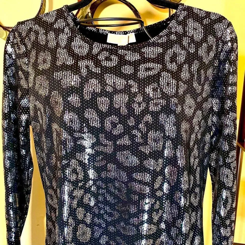 MICHAEL KORS BLACK & SILVER METALLIC LEOPARD PRINT SHIFT DRESS L NWT